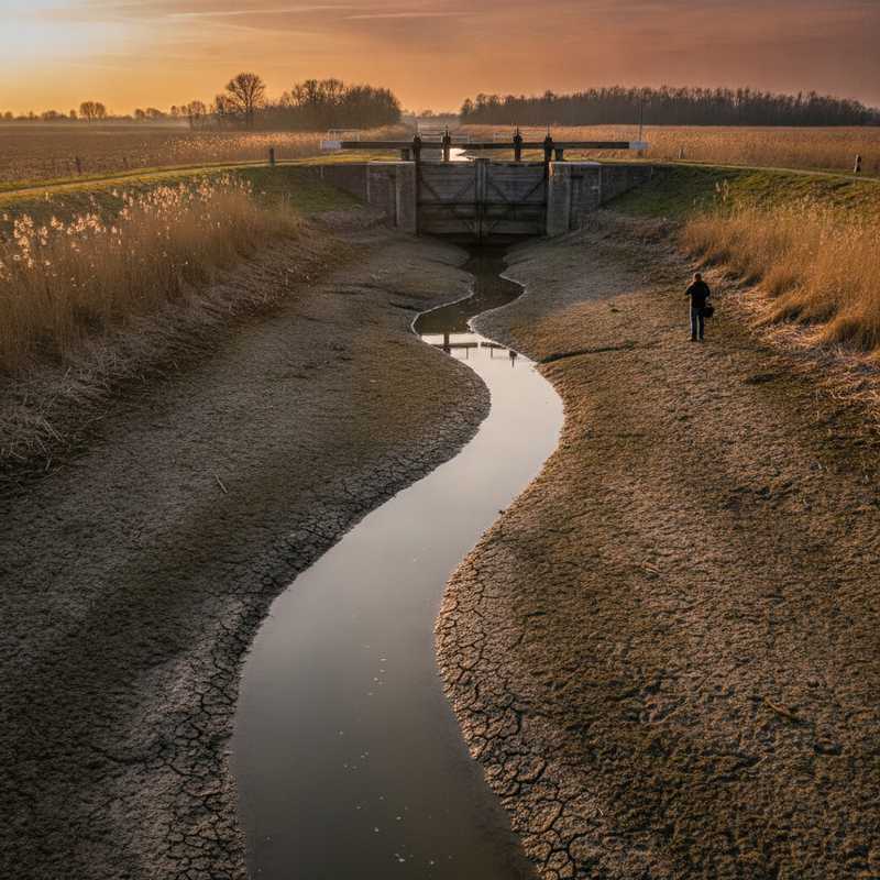 Drooggevallen Nederlandse sloot met lage waterstand en gesloten sluis door droogte