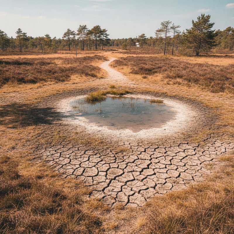 Verdroogd heidelandschap in Drenthe met lage waterstand en bruine vegetatie tijdens droogteperiode
