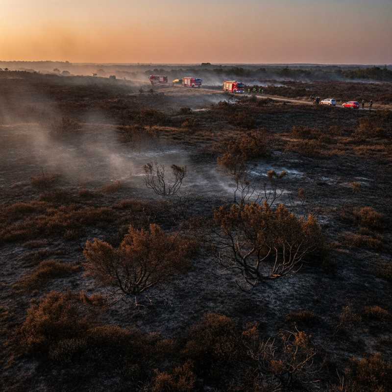 Verbrande heidevelden met smeulende brandhaarden en hulpdiensten in natuurgebied Boshuizerbergen