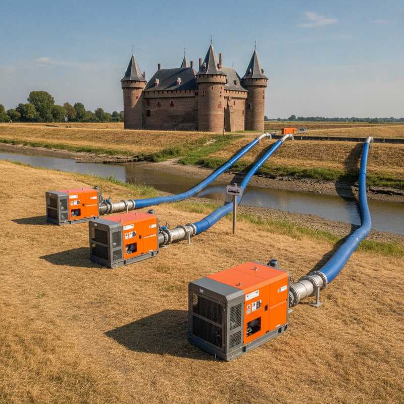 Grote noodpompen met leidingen geïnstalleerd bij het Muiderslot om zoet water aan te voeren tijdens droogte