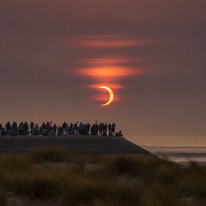 Silhouetten van mensen met camera's en eclipsbrillen op een Nederlandse dijk bij zonsondergang tijdens gedeeltelijke zonsverduistering boven de Noordzee