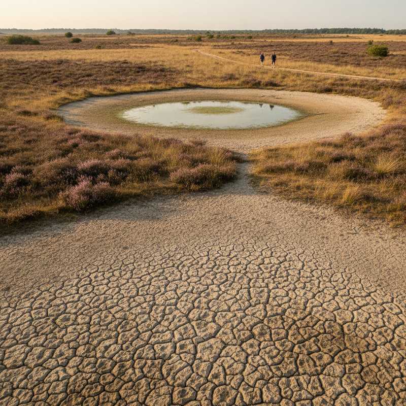 Uitgedroogd heidelandschap met laag waterpeil in ven en verdorde vegetatie tijdens Nederlandse droogte 2026