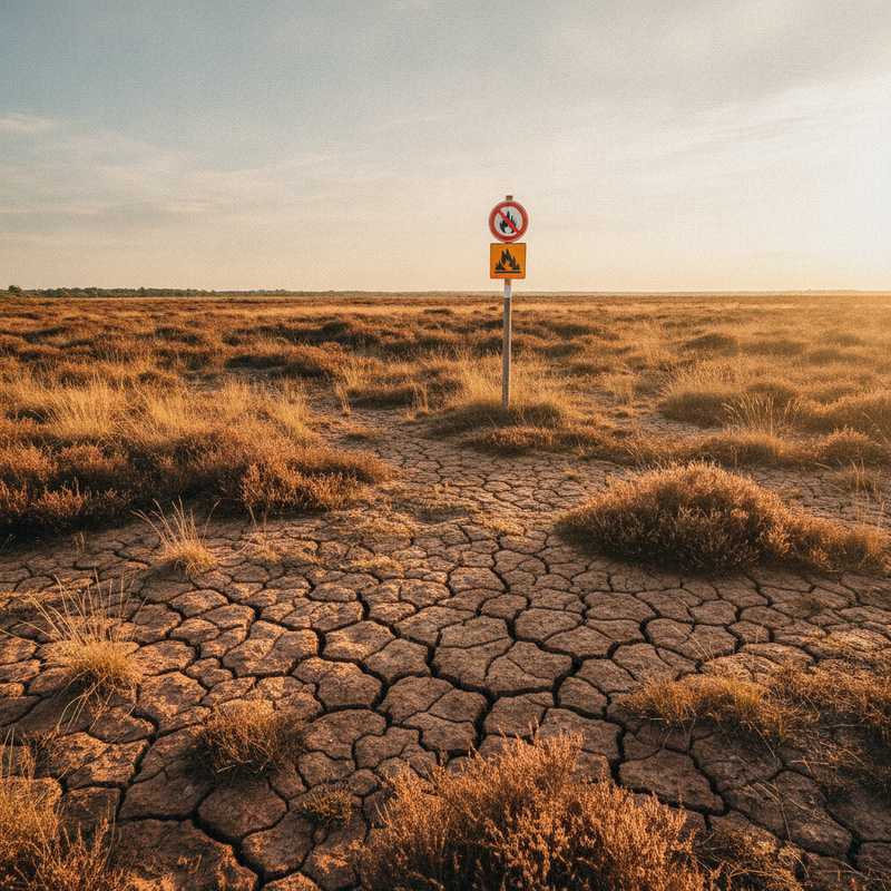 Drooggevallen heideveld met gebarsten aarde en bruine vegetatie, waarschuwingsborden voor natuurbrandgevaar op de voorgrond