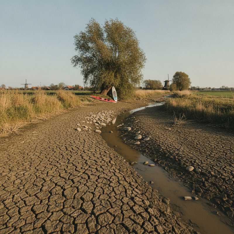 Drooggevallen Nederlands rivieroever met gebarsten modder en lage waterstand, kayak op droog land
