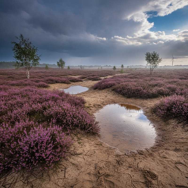 Natte paarse heide met regenwolken en droge zandpaden op Nederlandse heide na regenbuien
