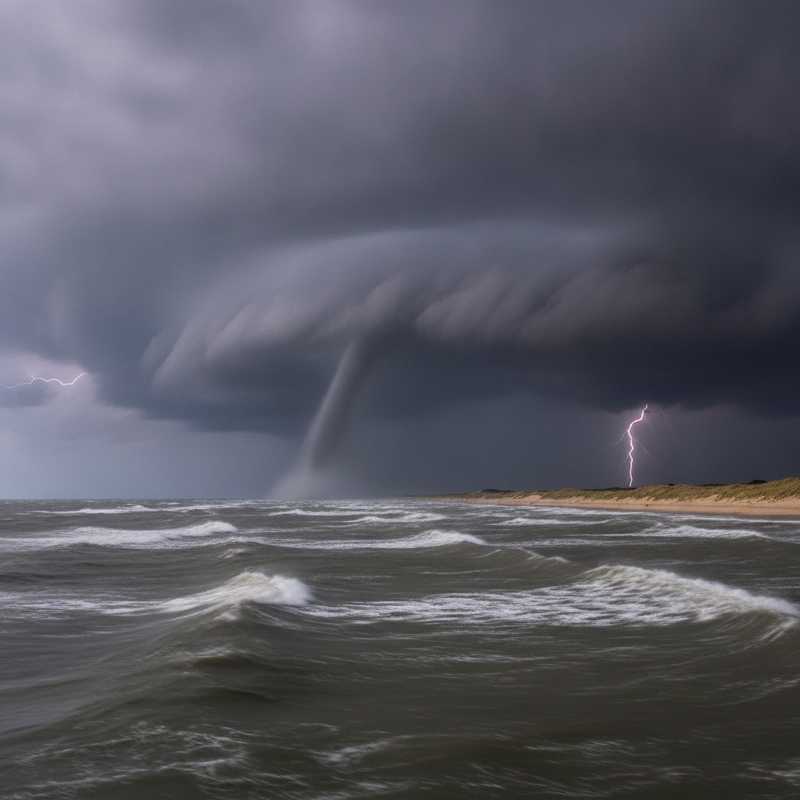 Donkere waterhoos boven grijze Noordzee met stormwolken en Nederlandse kust op achtergrond