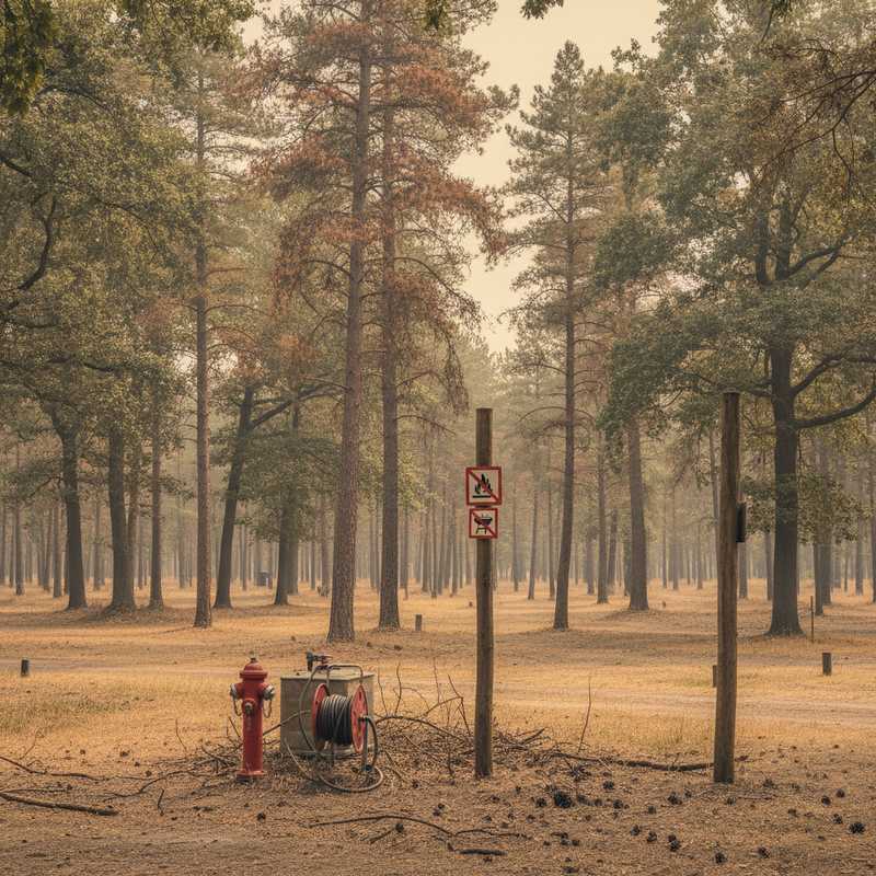 Nederlandse boscamping met borden die kampvuren verbieden en zichtbare brandpreventie-infrastructuur tussen bomen