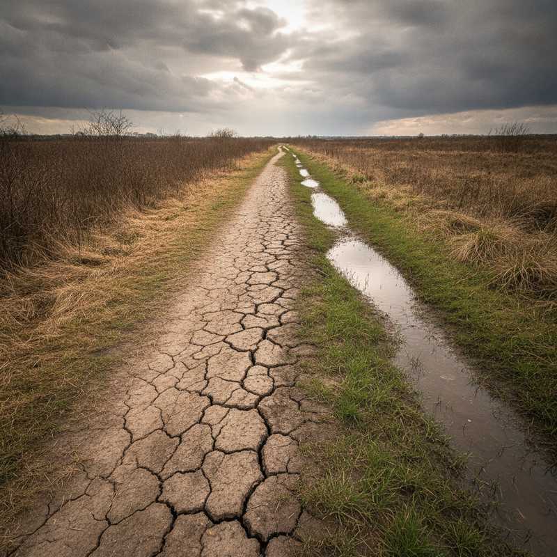 Wandelpad in Nederlandse natuur met contrast tussen droge, gebarsten bodem en verse regenplassen onder bewolkte lucht