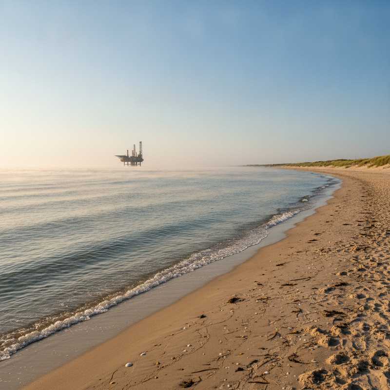 Calm North Sea water under bright sunlight near Dutch coast with offshore platform visible on horizon