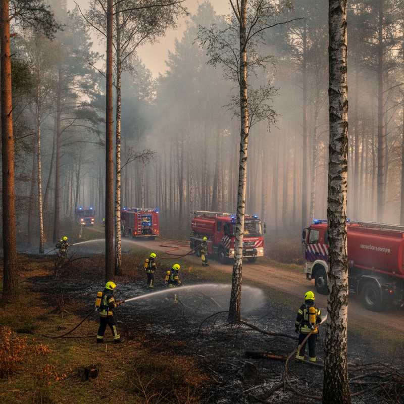 Brandweerlieden blussen een natuurbrand in een Nederlands bos met rookpluimen tussen de bomen