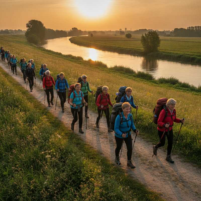 Groep vrouwelijke wandelaars met rugzakken op dijkpad tijdens zonsopgang bij Nijmeegse Vierdaagse