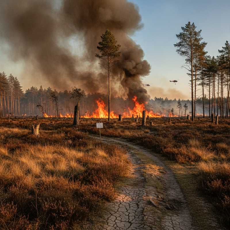 Luchtfoto van grote natuurbrand in Nederlands heidelandschap met blushelikopters en rookpluimen