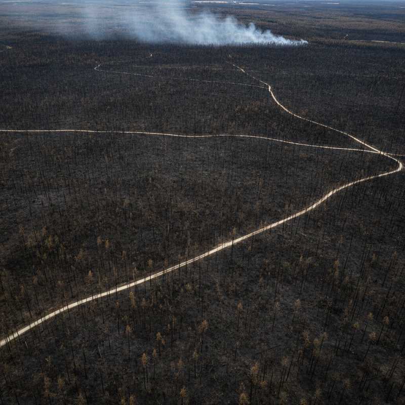 Luchtfoto van zwartgeblakerd bosgebied na natuurbrand bij Venray met verkoolde boomstammen