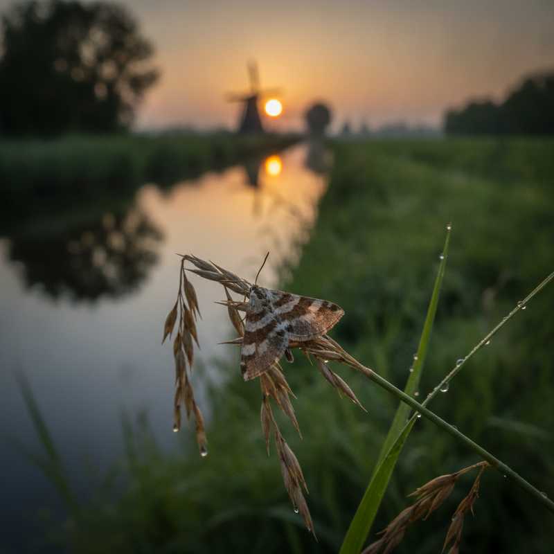 Close-up van een kleine vedermot op wilde planten langs een Nederlandse kanaaloever bij avondlicht