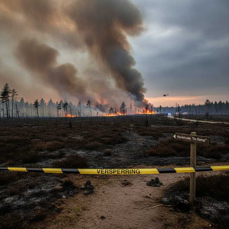 Afgebrand heidegebied met rookpluimen en afgezette wandelpaden in Noord-Limburg
