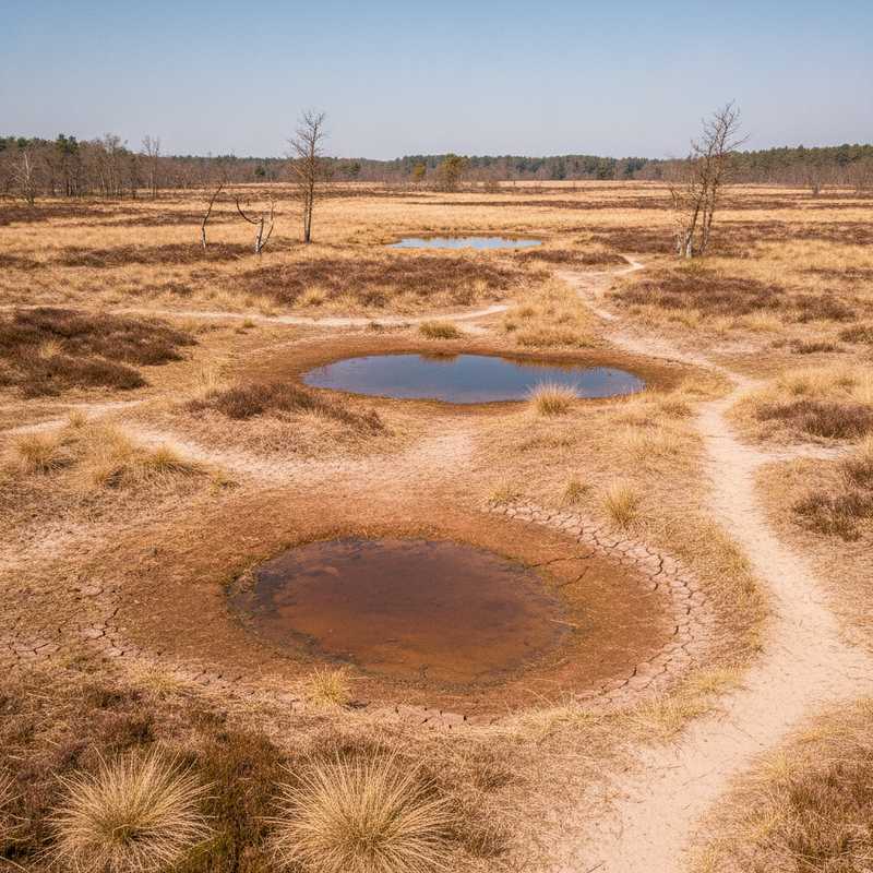 Droog heidelandschap met lage waterstand in natuurgebied Oost-Gelderland tijdens zomerdroogte