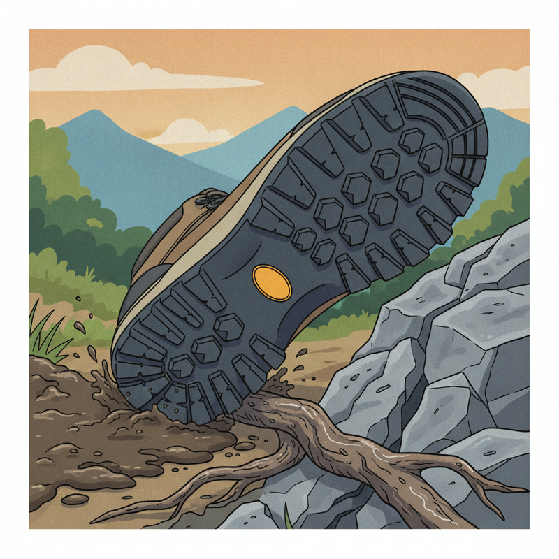 Een illustratie van de onderkant van een wandelschoen met een robuuste zool. De zool heeft diverse profielen: diepe noppen graven in de modder, terwijl bredere oppervlakken een rotsachtige ondergrond stevig vasthouden, en een wortel wordt ook vastgegrepen. Dit toont de veelzijdigheid van de grip.