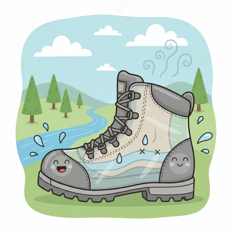 Een illustratie in tekenfilmstijl van een doorgesneden waterdichte outdoorschoen. De buitenkant van de schoen stoot waterdruppels af, terwijl een membraanlaag zweetdamp van de droge, blije voet in de schoen laat ontsnappen. De afbeelding visualiseert de werking van een waterdicht en ademend schoenmembraan.